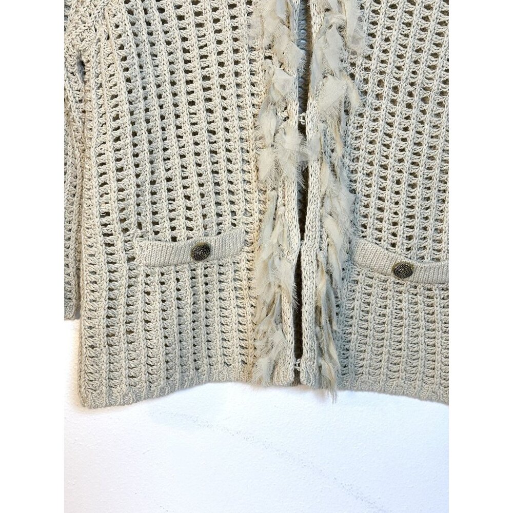 Women Chico's Oatmeal Chunky Open Knit Fringe‎ Cardigan Sweater Size 0 Coastal - Picture 3 of 10